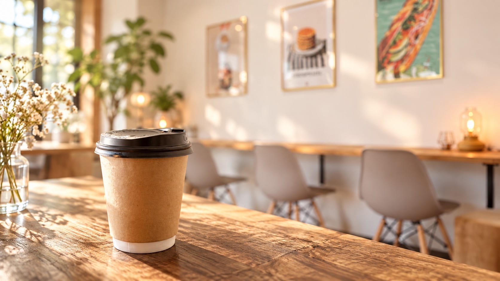 やわらかな光が差し込むK-laboの店内。木のカウンターにテイクアウトのコーヒーが置かれている